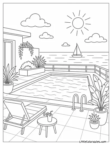 A Flat Rooftop Pool Overlooking a Calm Blue Ocean Horizon Coloring Page