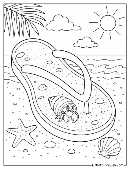 A Flip Flop Filled With Sand and a Tiny Hermit Crab Inside Coloring Page