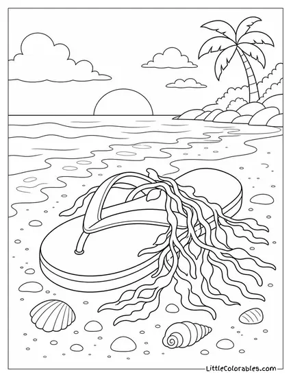 A Flip Flop Tangled in Seaweed at the Shoreline Coloring Page