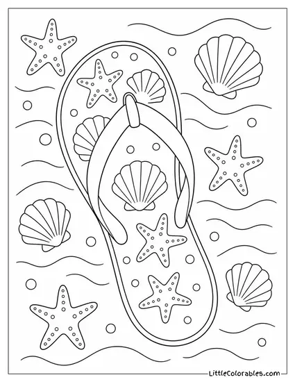 A Flip Flop With a Seashell and Starfish Pattern on the Sole Coloring Page