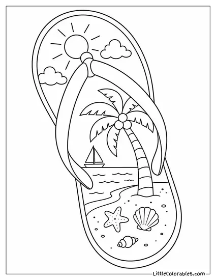 A Flip Flop With a Tiny Beach Scene Painted on the Sole Coloring Page