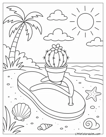 A Flip Flop With a Tiny Potted Cactus Balancing on the Toe Strap Coloring Page