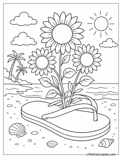 A Flip Flop With Sunflowers Growing Out of the Toe Strap Coloring Page