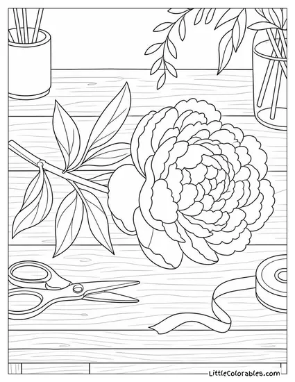 A Freshly Cut Peony Lying Flat on a Wooden Florist Table Coloring Page