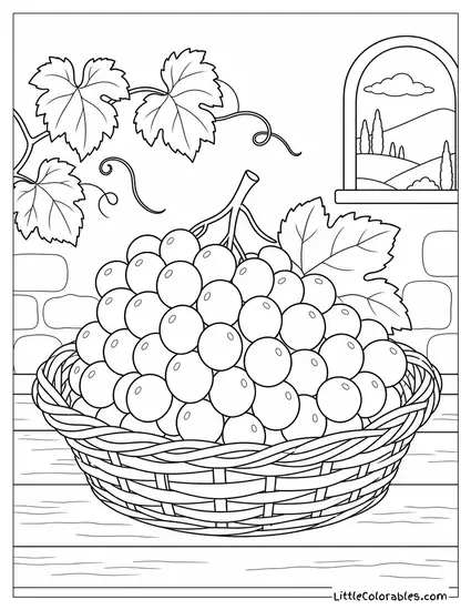 A Full Bunch of Grapes Resting Inside a Shallow Woven Bread Basket Coloring Page