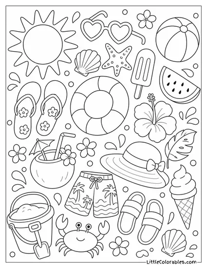 A Full Page Flat Lay of Summer Objects and Icons Coloring Page