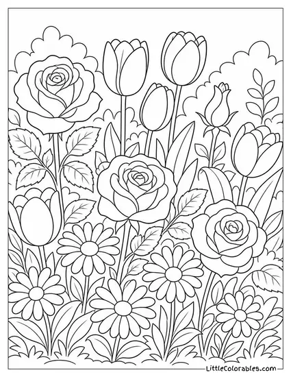 A Garden Bed of Roses Tulips and Daisies in Full Bloom Coloring Page