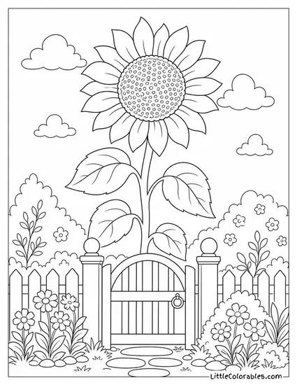A Giant Sunflower Towering Over a Small Garden Gate Coloring Page