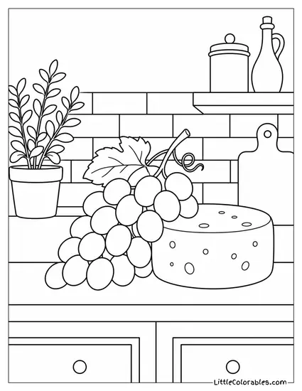 A Grape Bunch Leaning Against a Small Wheel of Cheese on a Kitchen Counter Coloring Page