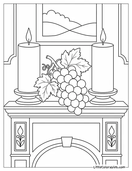A Grape Cluster Nestled Between Two Thick Pillar Candles on a Table Coloring Page