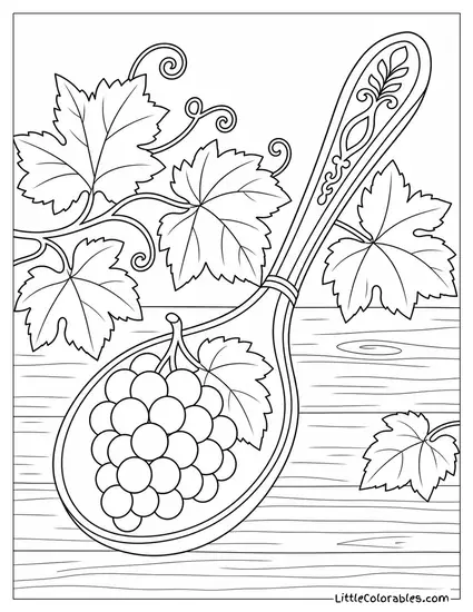 A Grape Cluster Resting in the Bowl of a Large Decorative Wooden Spoon Coloring Page