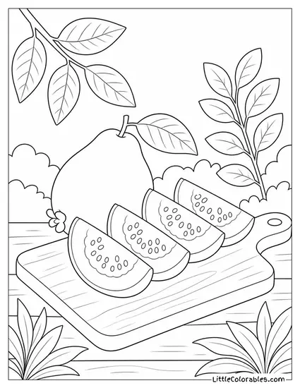 A Guava Sliced in Quarters Fanned Out on a Board Coloring Page