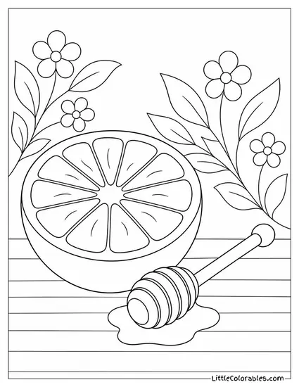 A Halved Grapefruit Beside a Small Honey Dipper Coloring Page