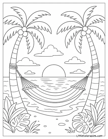 A Hammock Strung Between Two Palm Trees Over the Ocean Coloring Page