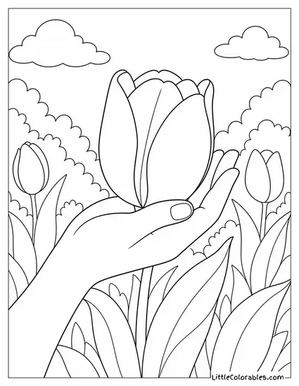 A Hand Gently Cupping a Tulip Bloom from Below Coloring Page