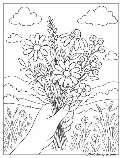 A Hand Holding a Small Mixed Wildflower Bouquet Coloring Page