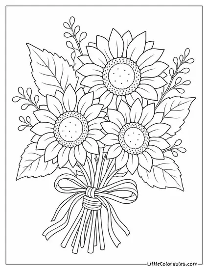 A Handful of Small Sunflowers Tied with a Piece of Raffia Coloring Page
