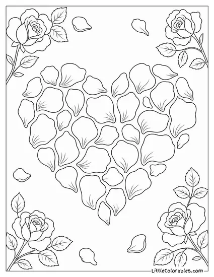 A Heart Shape Made of Scattered Rose Petals Coloring Page