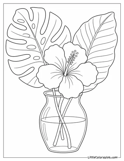 A Hibiscus and Two Large Tropical Leaves in a Glass Vase Coloring Page