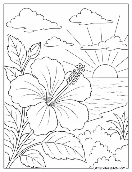 A Hibiscus Bloom in the Last Light of a Setting Sun Coloring Page