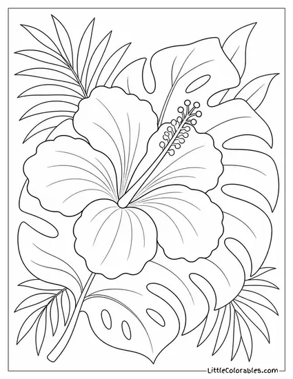 A Hibiscus Bloom Laid Across a Large Tropical Leaf Coloring Page