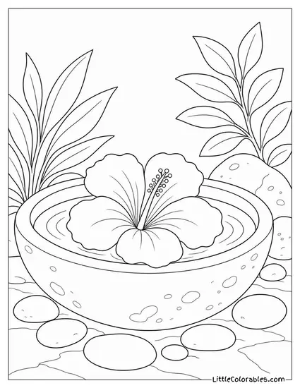 A Hibiscus Flower Floating in a Shallow Stone Bowl Coloring Page