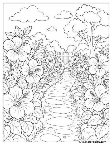 A Hibiscus Garden Path Lined with Blooming Shrubs Coloring Page