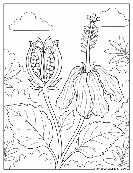 A Hibiscus Seedpod Split Open Beside a Spent Bloom Coloring Page