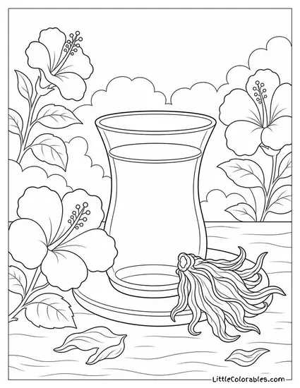 A Hibiscus Tea Glass with a Dried Bloom Beside it Coloring Page