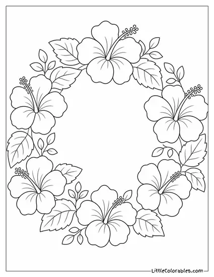 A Hibiscus Wreath in a Circle on a Flat Surface Coloring Page