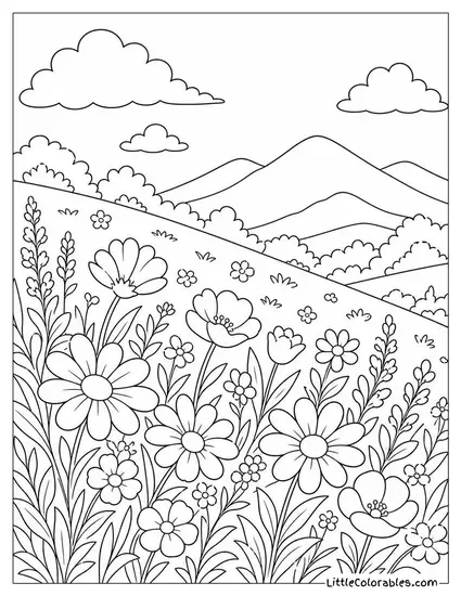 A Hillside Covered in Blooming Wildflowers Coloring Page