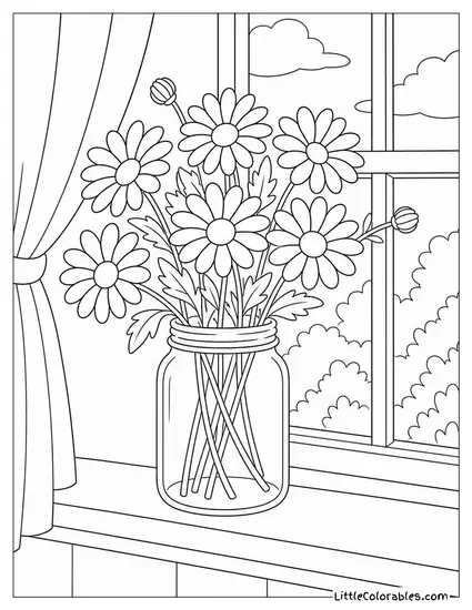 A Jam Jar Filled with Fresh Daisies on a Windowsill Coloring Page