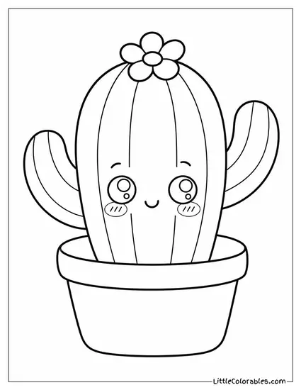 A Kawaii Cactus in a Tiny Pot With a Shy Blushing Face Coloring Page
