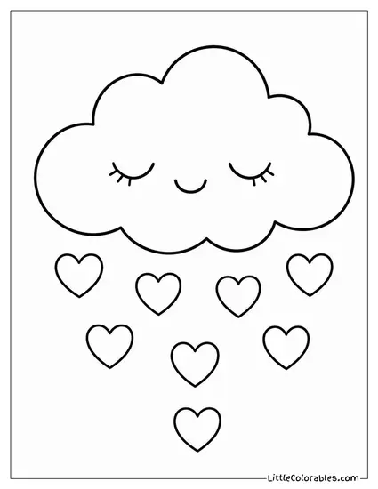 A Kawaii Cloud With a Sleepy Face Raining Tiny Hearts Coloring Page