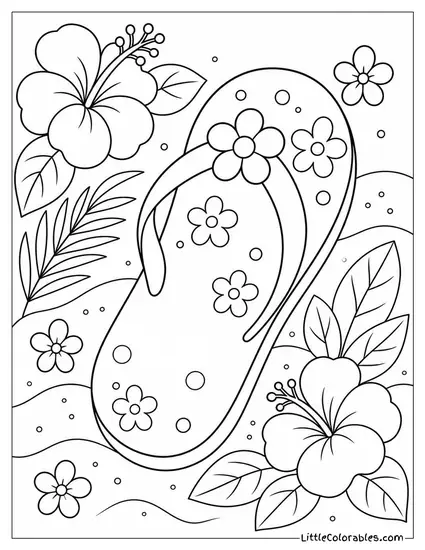 A Kawaii Flip Flop With Flowers and a Smiley Face Coloring Page