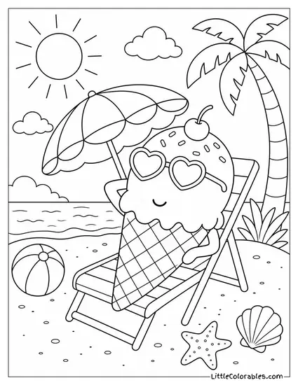 A Kawaii Ice Cream Cone Relaxing on a Beach Chair Coloring Page