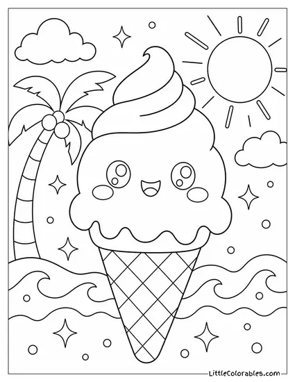A Kawaii Ice Cream Cone With Rosy Cheeks and Sparkles Coloring Page