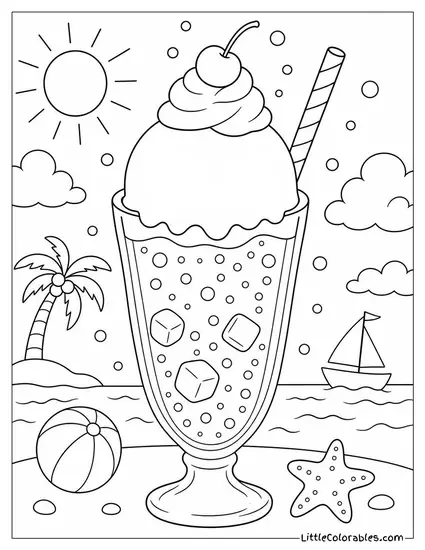 A Kawaii Ice Cream Float With Soda Bubbles Rising Up Coloring Page