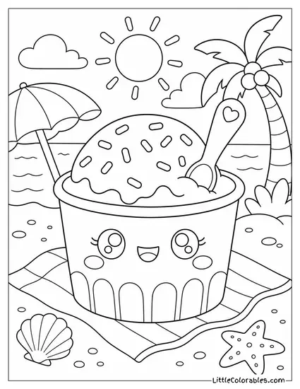 A Kawaii Ice Cream Tub With a Tiny Spoon Sticking Out Coloring Page