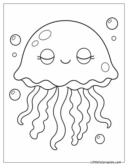 A Kawaii Jellyfish Floating Gently With a Dreamy Half Closed Smile Coloring Page