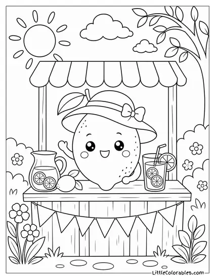 A Kawaii Lemon Wearing a Sun Hat at a Lemonade Stand Coloring Page