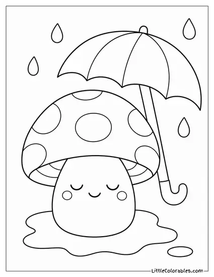A Kawaii Mushroom With a Sleepy Face Under a Tiny Umbrella Coloring Page