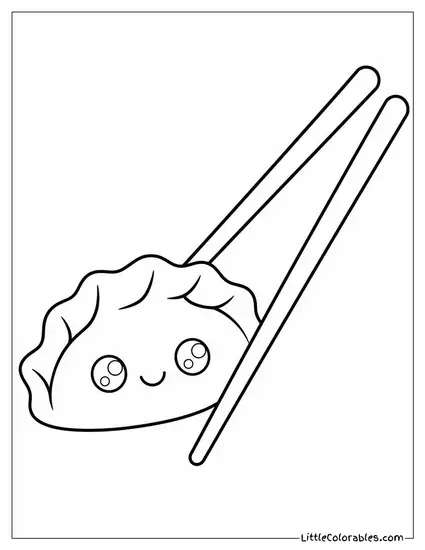 A Kawaii Pair of Chopsticks Holding a Single Dumpling With a Face Coloring Page