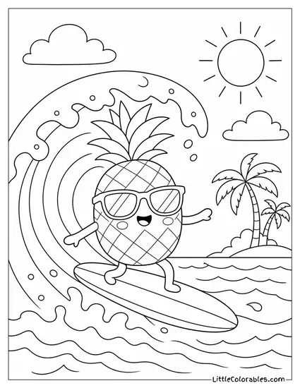 A Kawaii Pineapple Surfing a Wave in Sunglasses Coloring Page