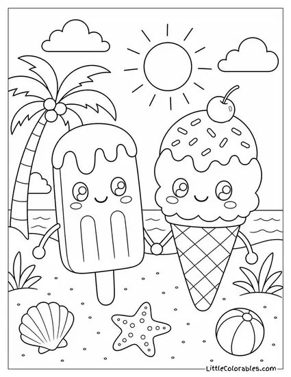 A Kawaii Popsicle and Ice Cream Cone Holding Hands Coloring Page