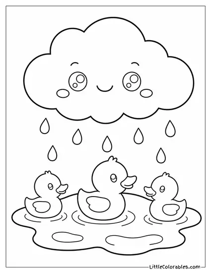 A Kawaii Rain Cloud Floating Above a Tiny Puddle With Ducks Coloring Page