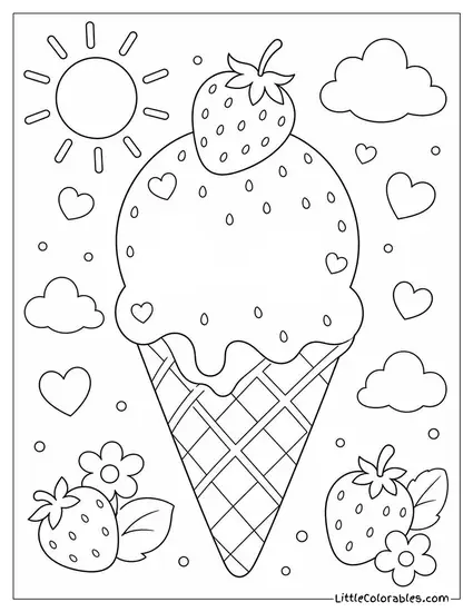 A Kawaii Strawberry Ice Cream With Hearts and Blush Marks Coloring Page