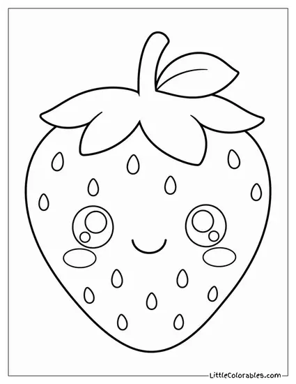 A Kawaii Strawberry With a Blushing Face and Tiny Leaf Hat Coloring Page