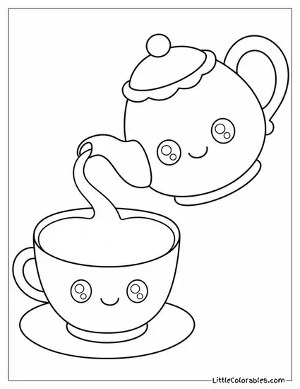 A Kawaii Teapot Pouring Tea Shaped Like a Smiling Heart Coloring Page