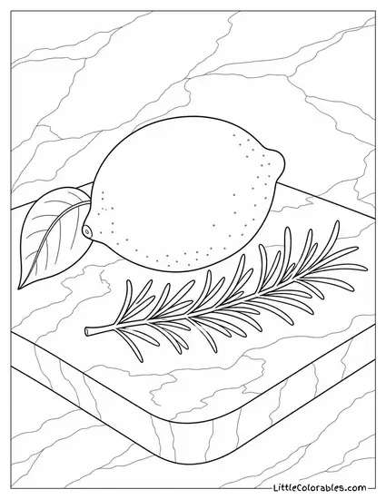 A Lemon and a Sprig of Rosemary on a Marble Slab Coloring Page